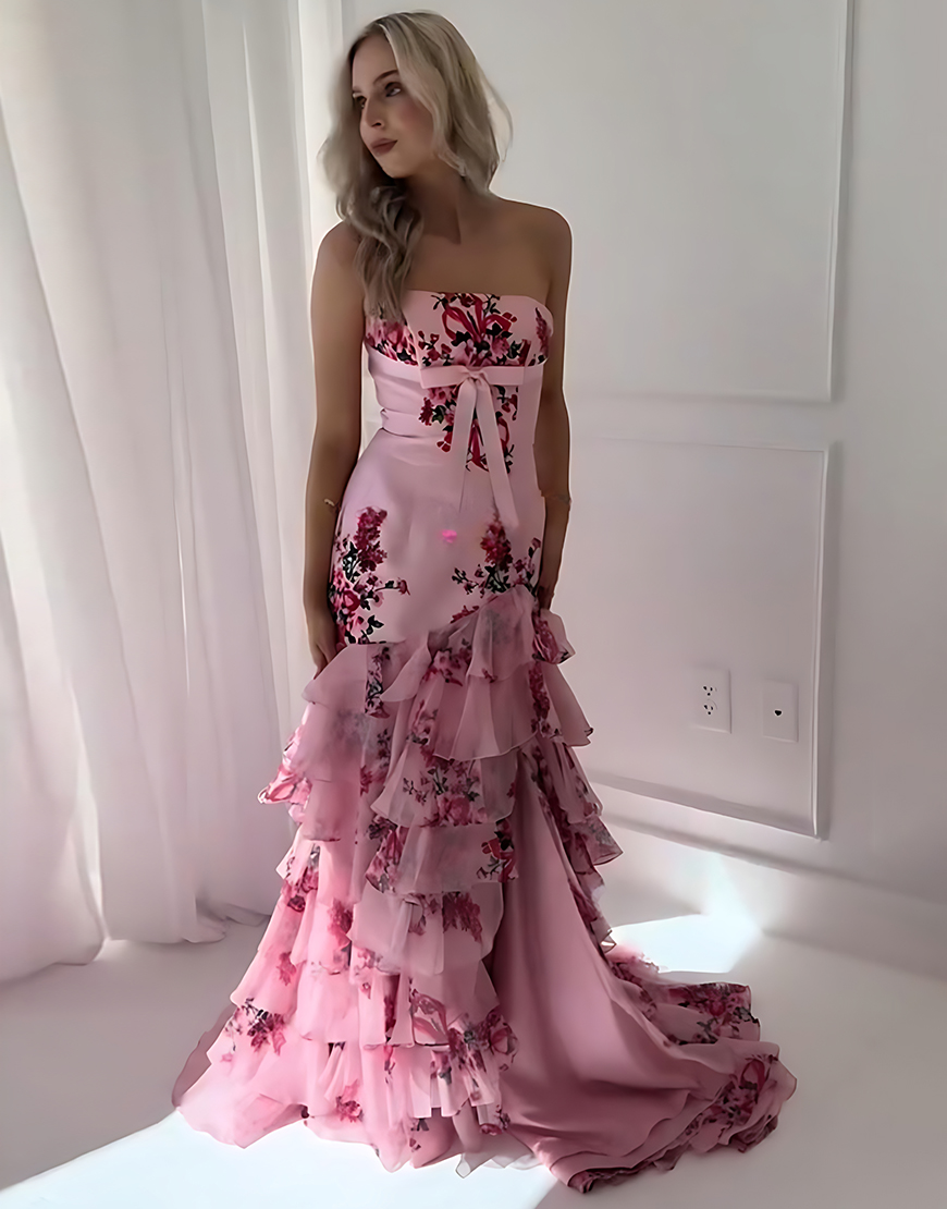 Pink Floral Strapless Mermaid Tiered Long Prom Dress with Ruffles