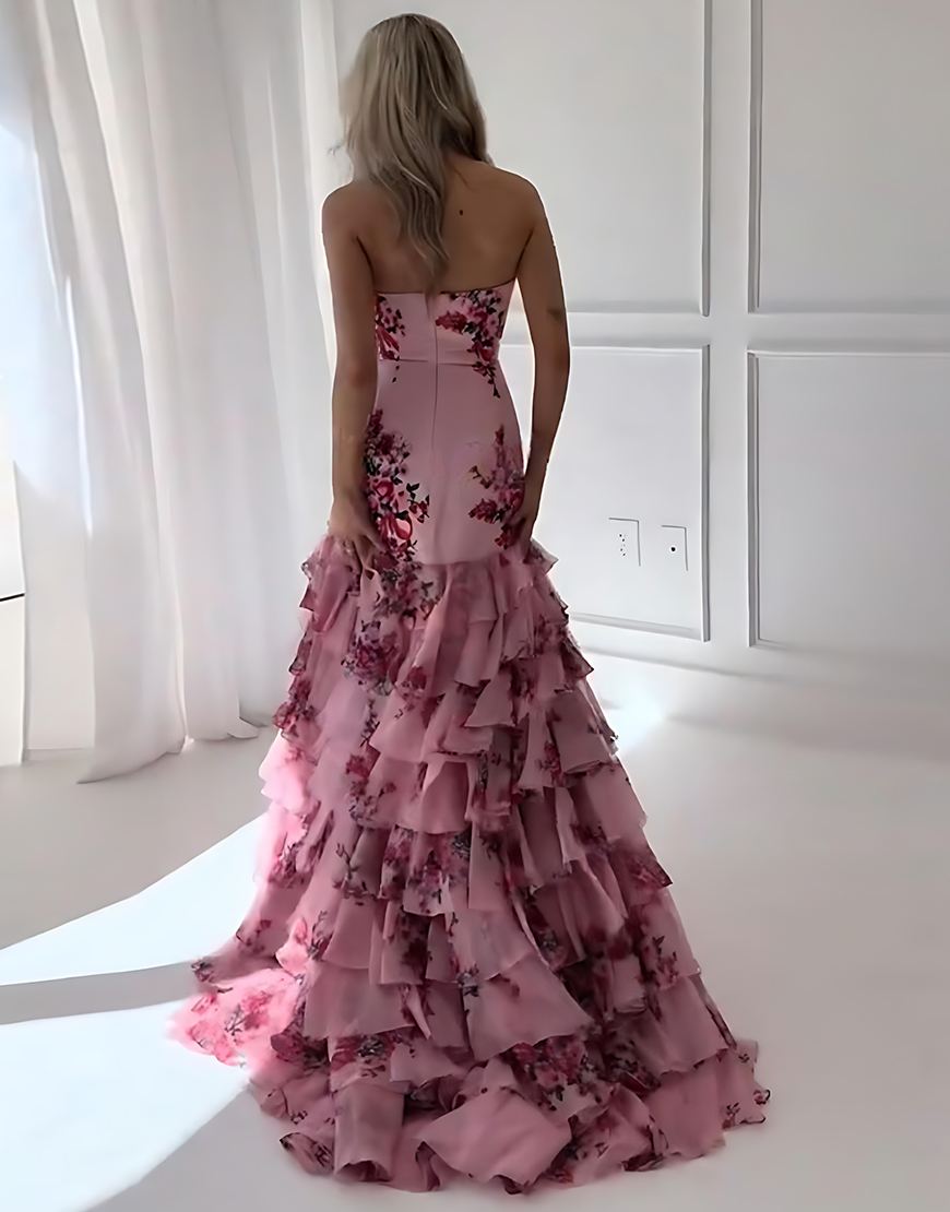 Pink Floral Strapless Mermaid Tiered Long Prom Dress with Ruffles