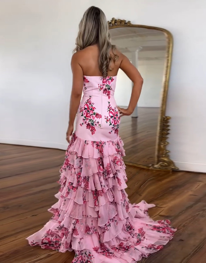Bodycon Pink Flower Strapless Corset Tiered Tulle Long Prom Dress 