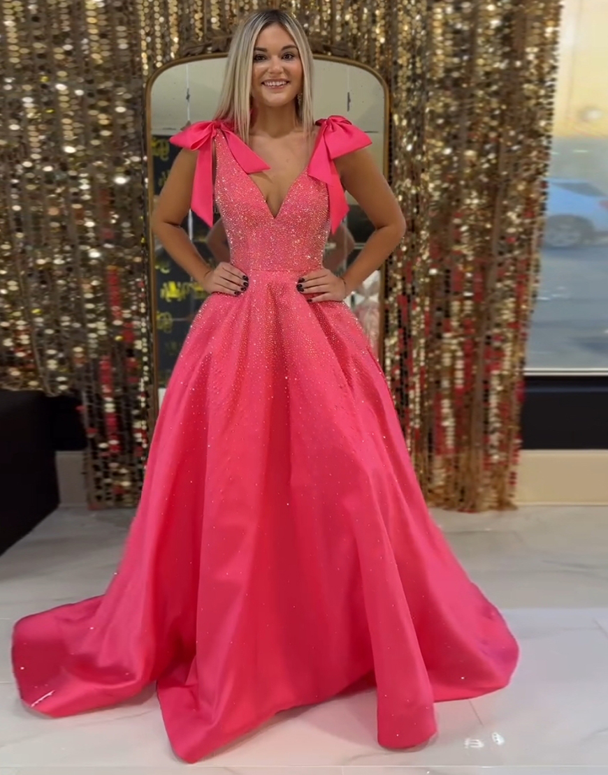 Sparkly Fuchsia A-Line V-Neck Corset Long Prom Dress with Bowknot
