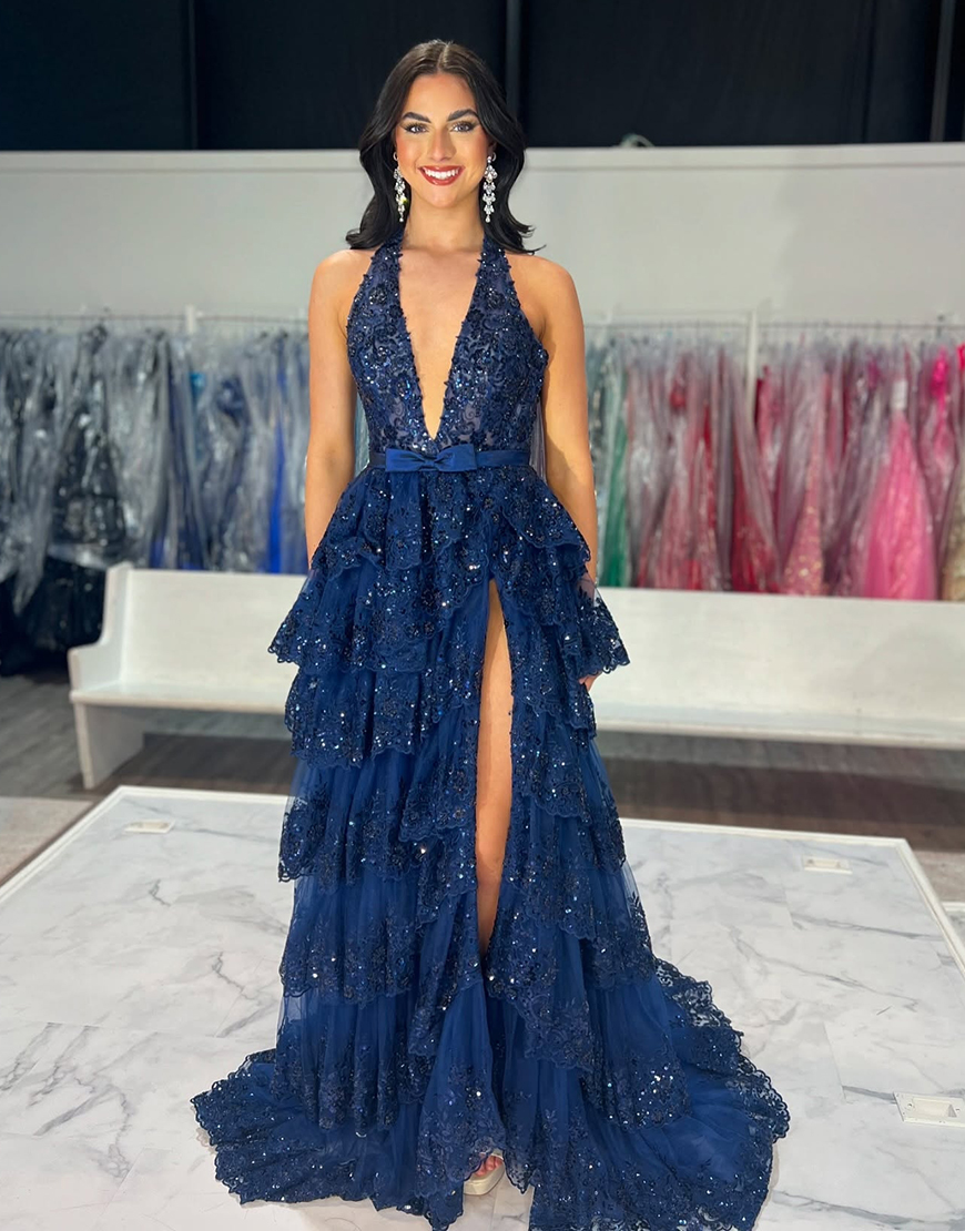 Sparkly Navy Deep V-Neck Corset Long Prom Dress with Split