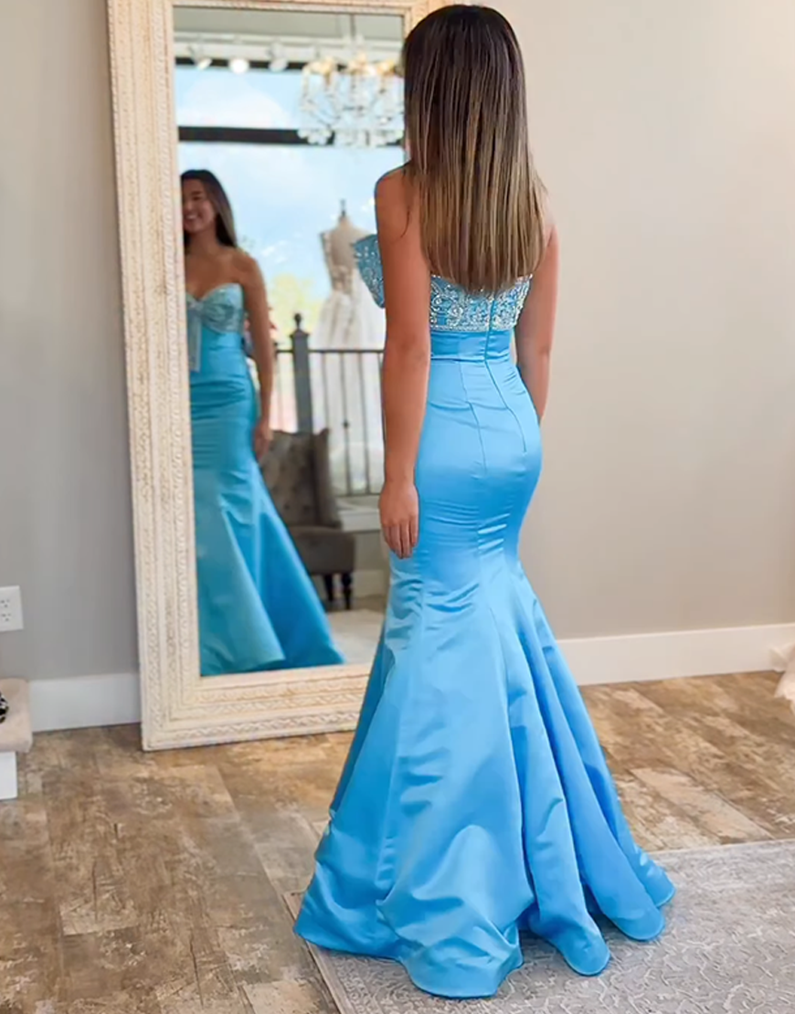 Sparkly Blush Strapless Mermaid Corset Long Prom Dress with Bowknot