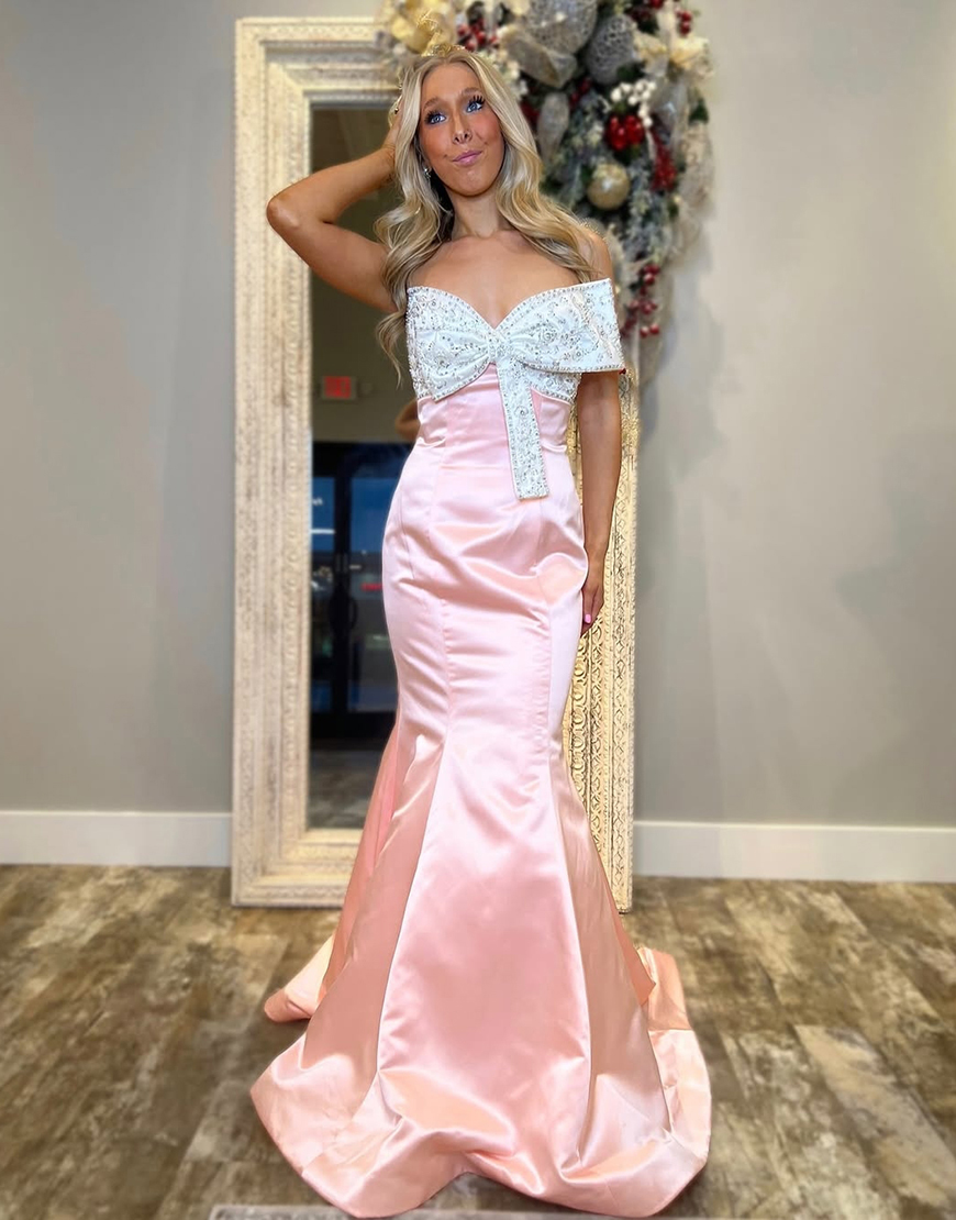 Sparkly Blush Strapless Mermaid Corset Long Prom Dress with Bowknot