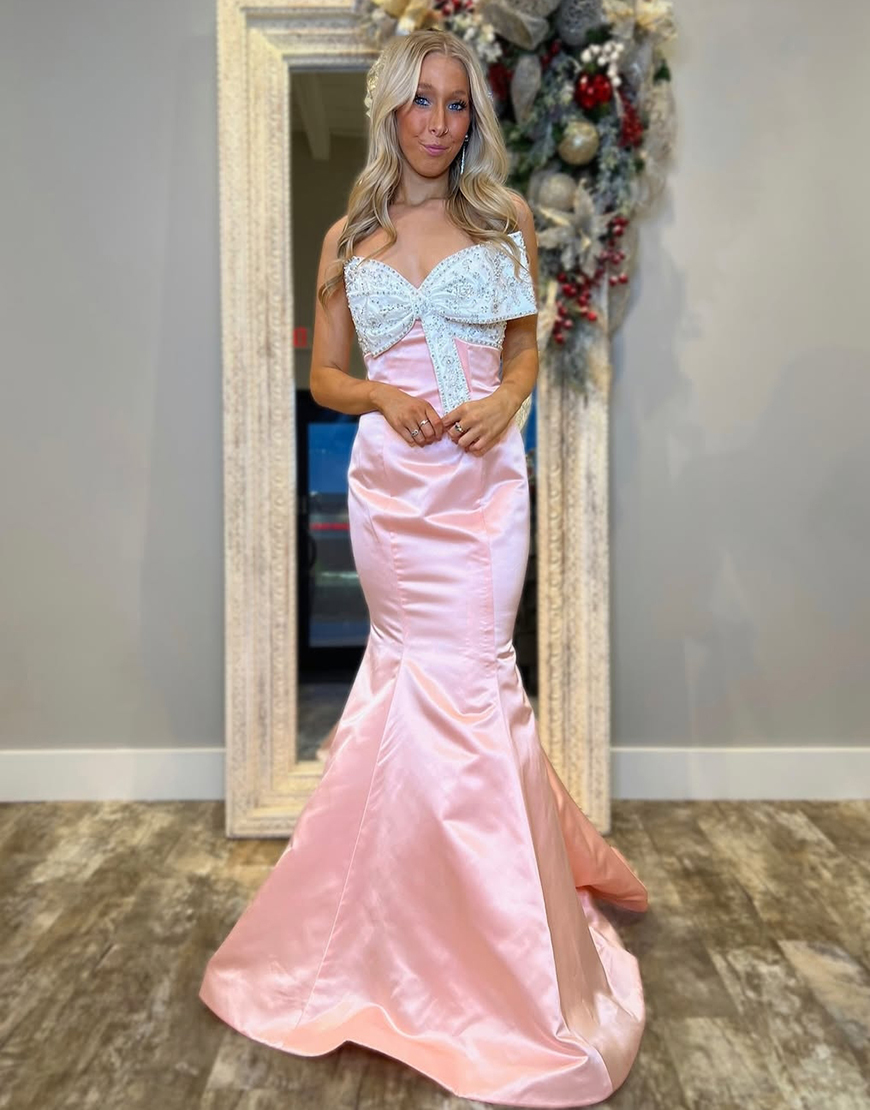 Sparkly Blush Strapless Mermaid Corset Long Prom Dress with Bowknot