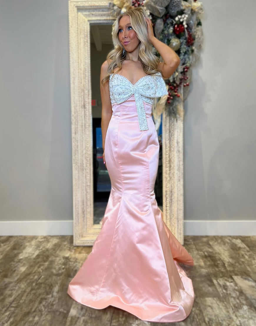 Sparkly Blush Strapless Mermaid Corset Long Prom Dress with Bowknot