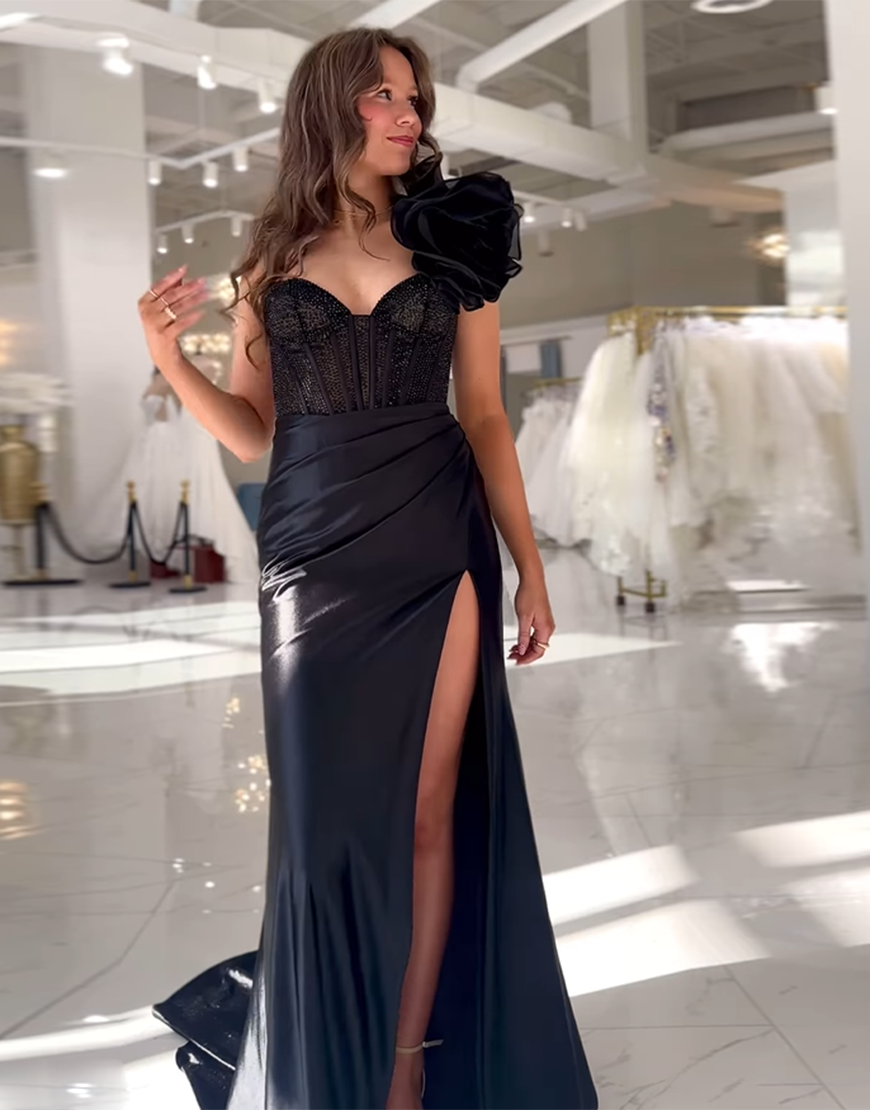 Sparkly Blush Mermaid One-Shoulder Long Prom Dress with Slit