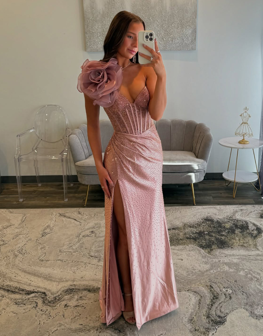 Sparkly Navy Mermaid One-Shoulder Long Prom Dress with Slit