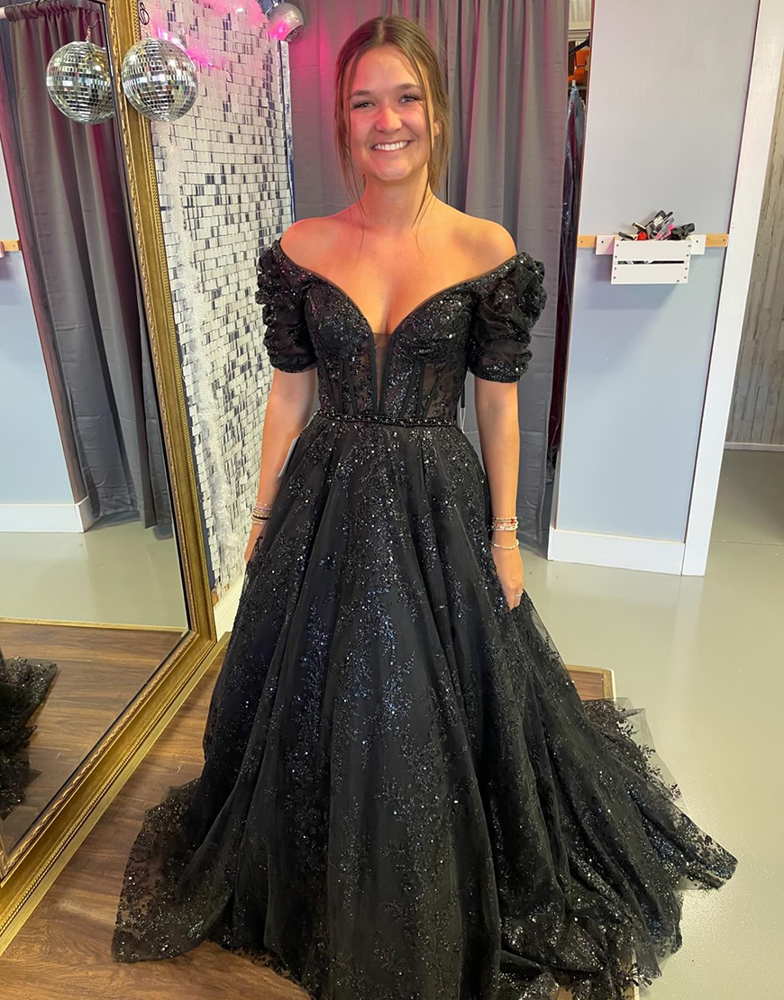 Sparkly Black A-Line Off The Shoulder Corset Ruffle Long Prom Dress With Applique