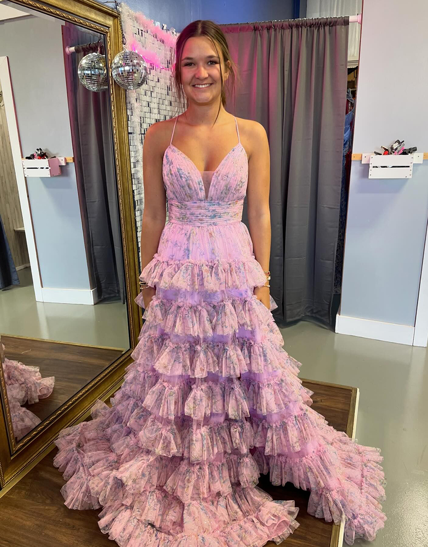 Elegant Pink A-Line Sweetheart Spaghetti Straps Ruffle  Long Prom Dress with Flower
