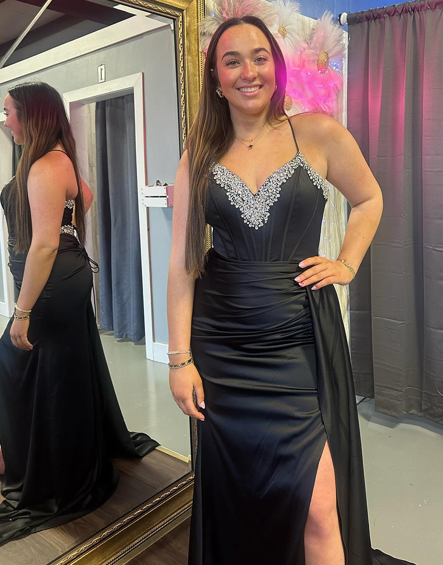 Sparkly Black Bodycon Sweetheart Spaghetti Straps Beaded Long Prom Dress with Slit