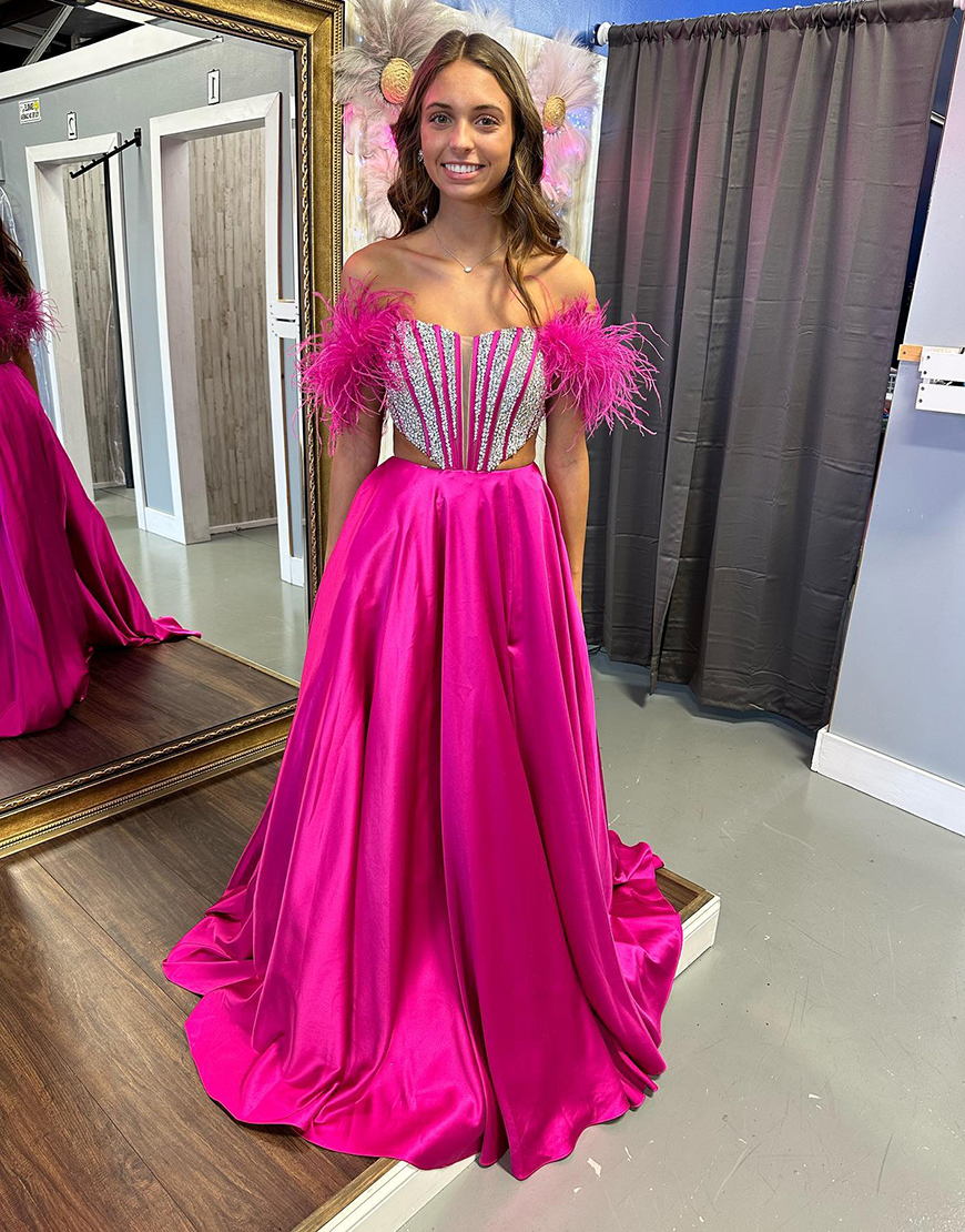 Sparkly Fuchsia Bodycon Strapless Beaded Long Prom Dress with Feather