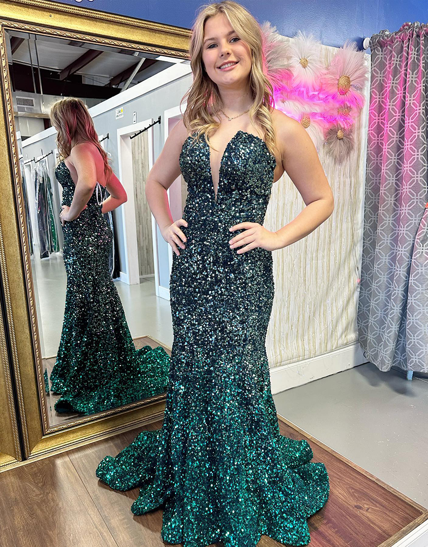 Sparkly Dark Green Bodycon Strapless V-Neck Long Prom Dress with Beading