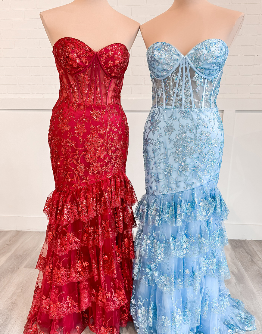 Sparkly Red Bodycon Strapless Sweetheart Long Prom Dress with Appliques