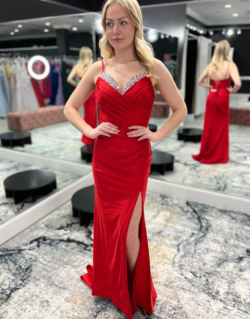Sparkly Red Bodycon Sweetheart Spaghetti Straps Beaded Long Prom Dress with Slit