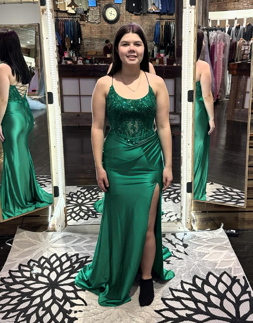 Sparkly Emerald Green Mermaid Spaghetti Straps Corset Long Prom Dress with Slit