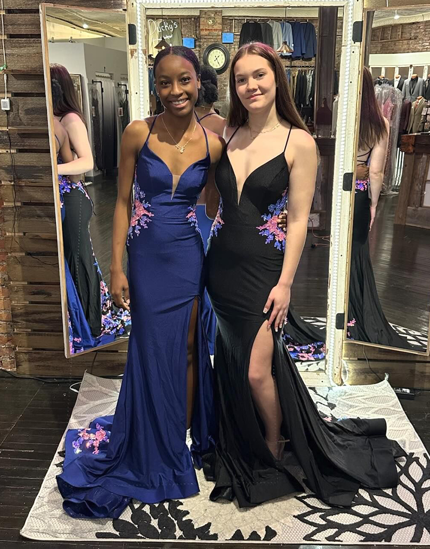 Sparkly Navy Mermaid Spaghetti Straps Corset Applique Long Prom Dress with Slit