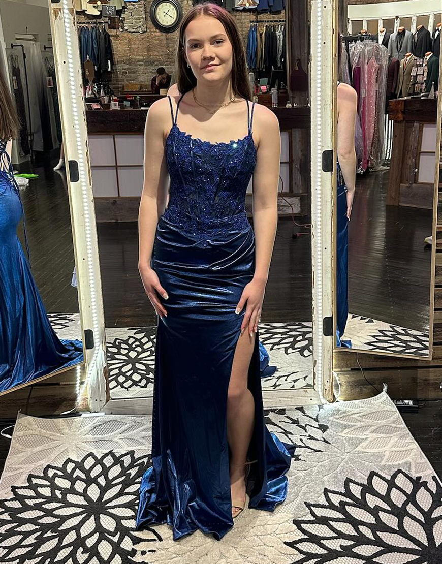 Sparkly Navy Mermaid Spaghetti Straps Corset Sequined Long Prom Dress with Slit