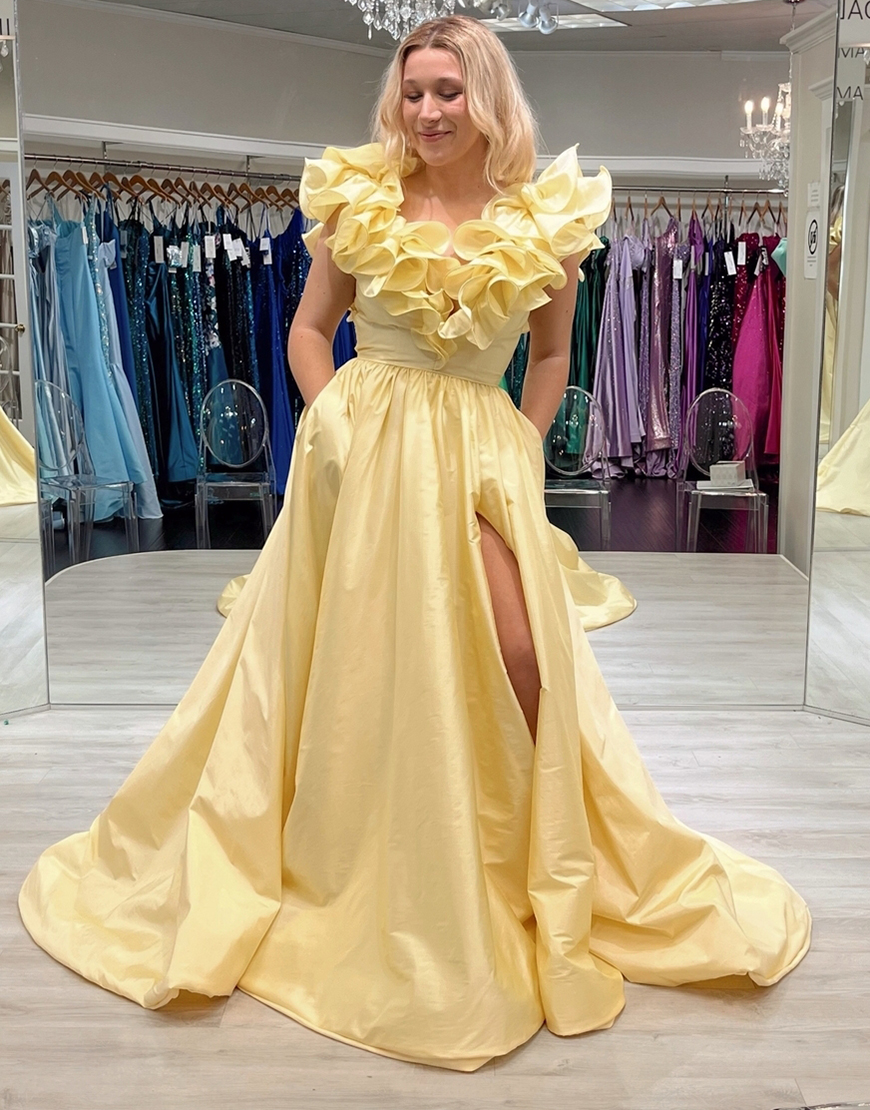 Elegant Yellow A-Line Ruffled Collar Corset  Long Prom Dress with Slit