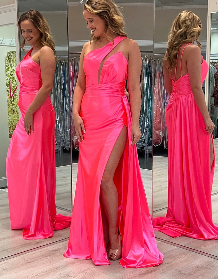 Sparkly Pink Mermaid One Shouldered Satin Long Prom Dress with Slit Streamer