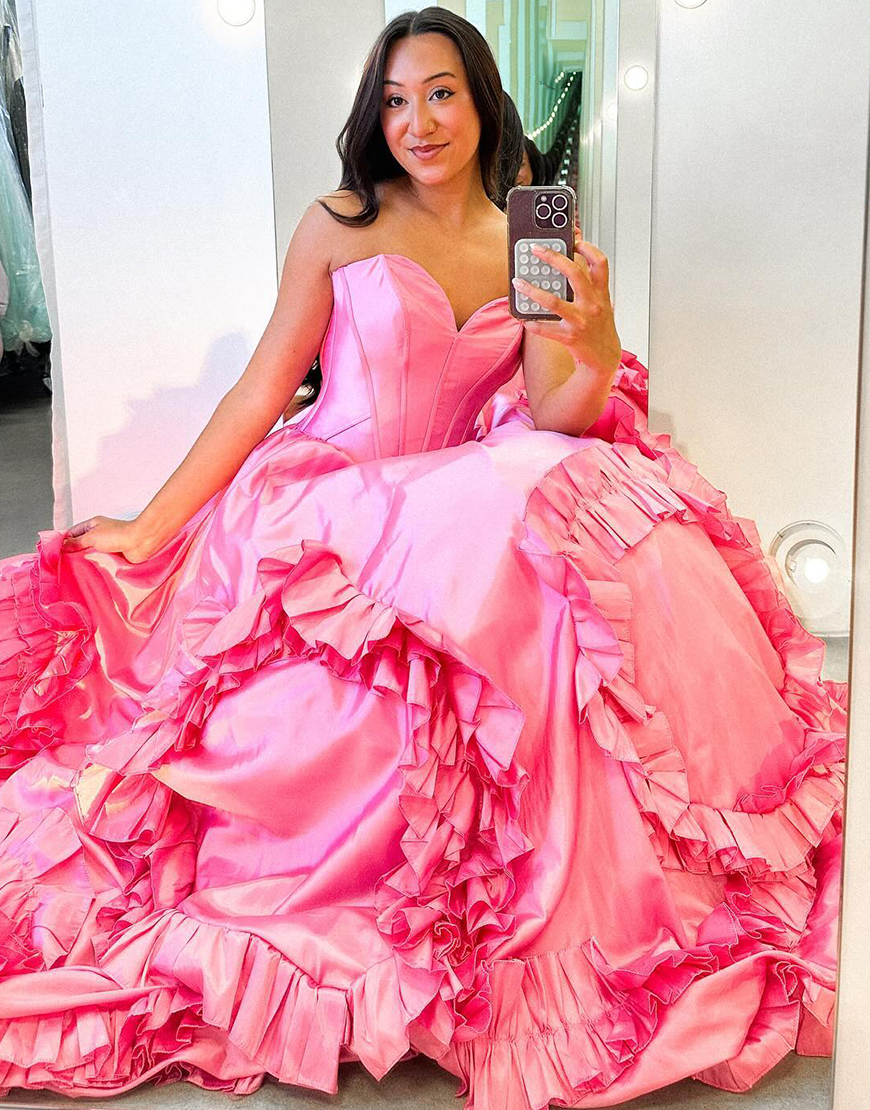 Sparkly Pink A-Line Strapless Satin Corset Long Prom Dress with Ruffles