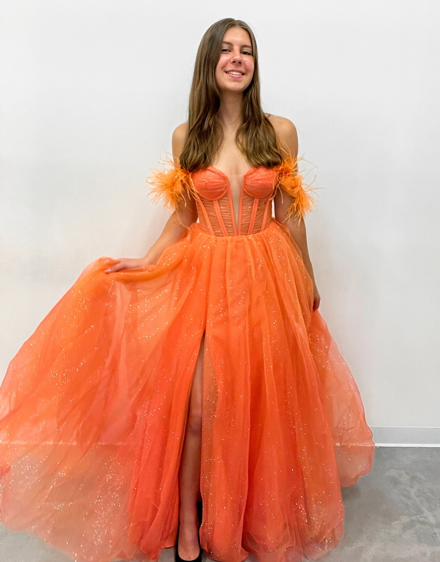 Sparkly Orange A-Line Off the Shoulder Corset Sequins Tulle Slit Long Prom Dress with Feather