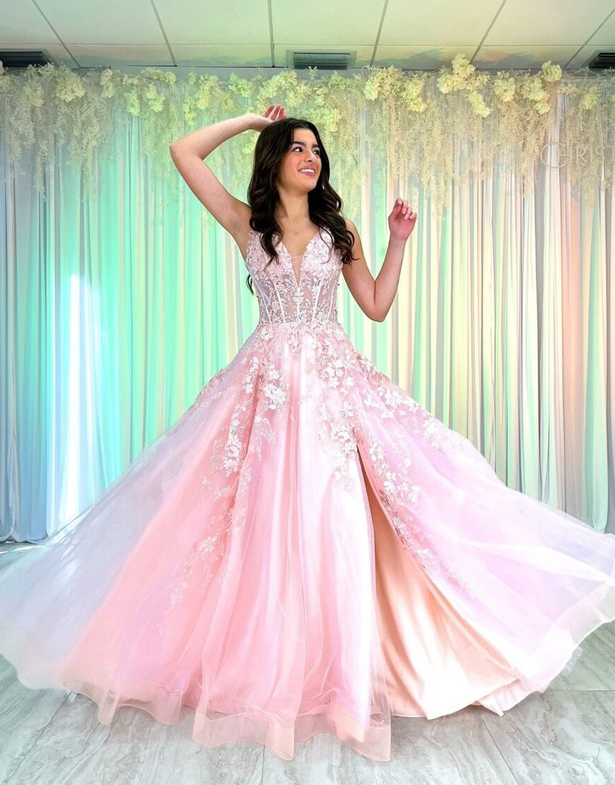 A-Line Pink Spaghetti Straps Tulle Long Prom Dress with Appliques Slit