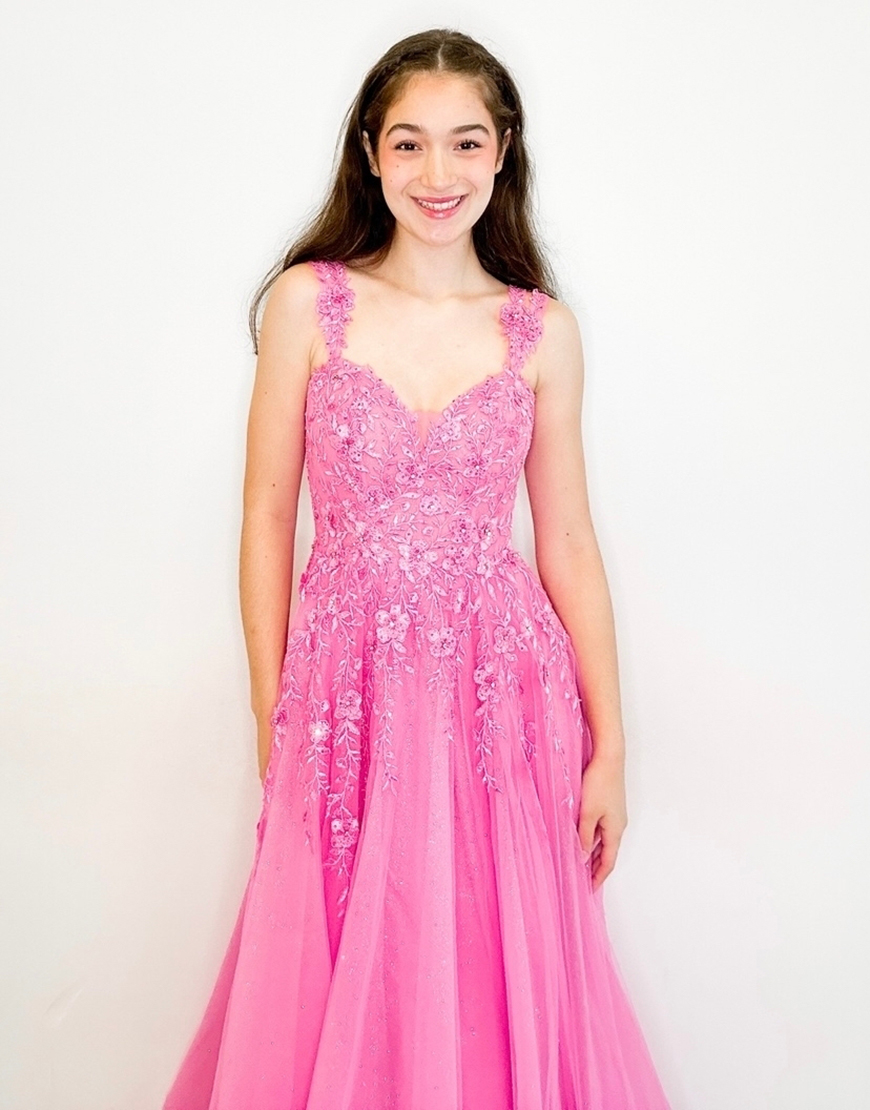 Sparkly Hot Pink A-Line Spaghetti Straps Tulle Long Prom Dress with Appliques