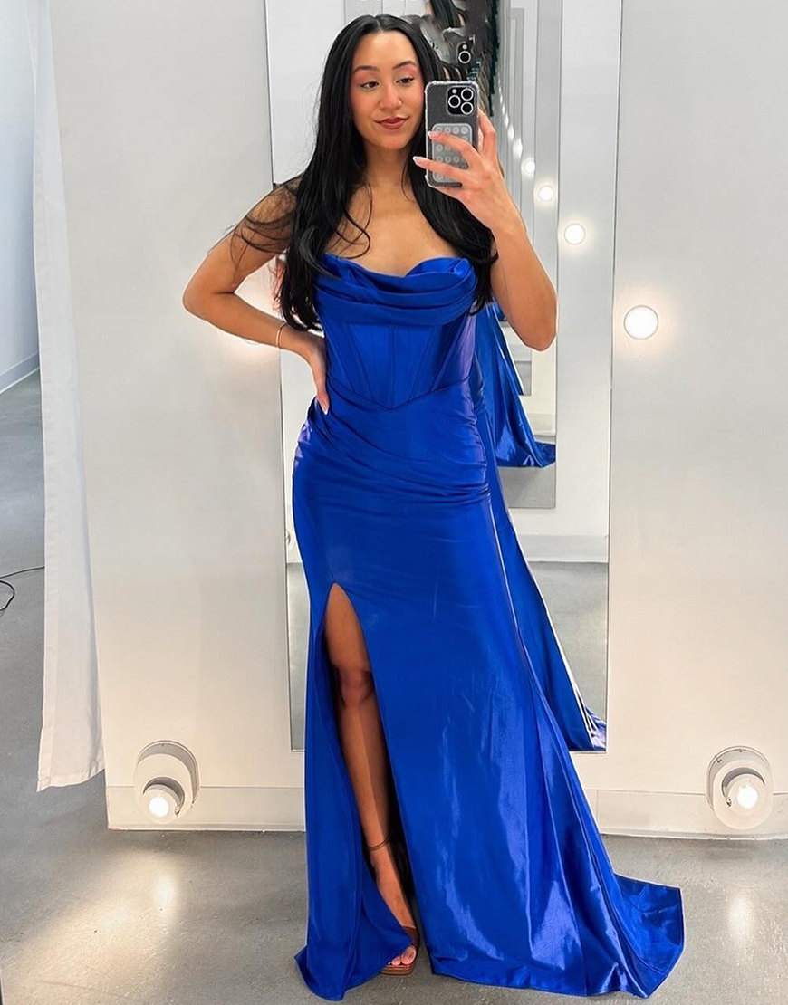 Sparkly Royal Blue Mermaid Spaghetti Straps Ruched Long Prom Dress with Side Slit