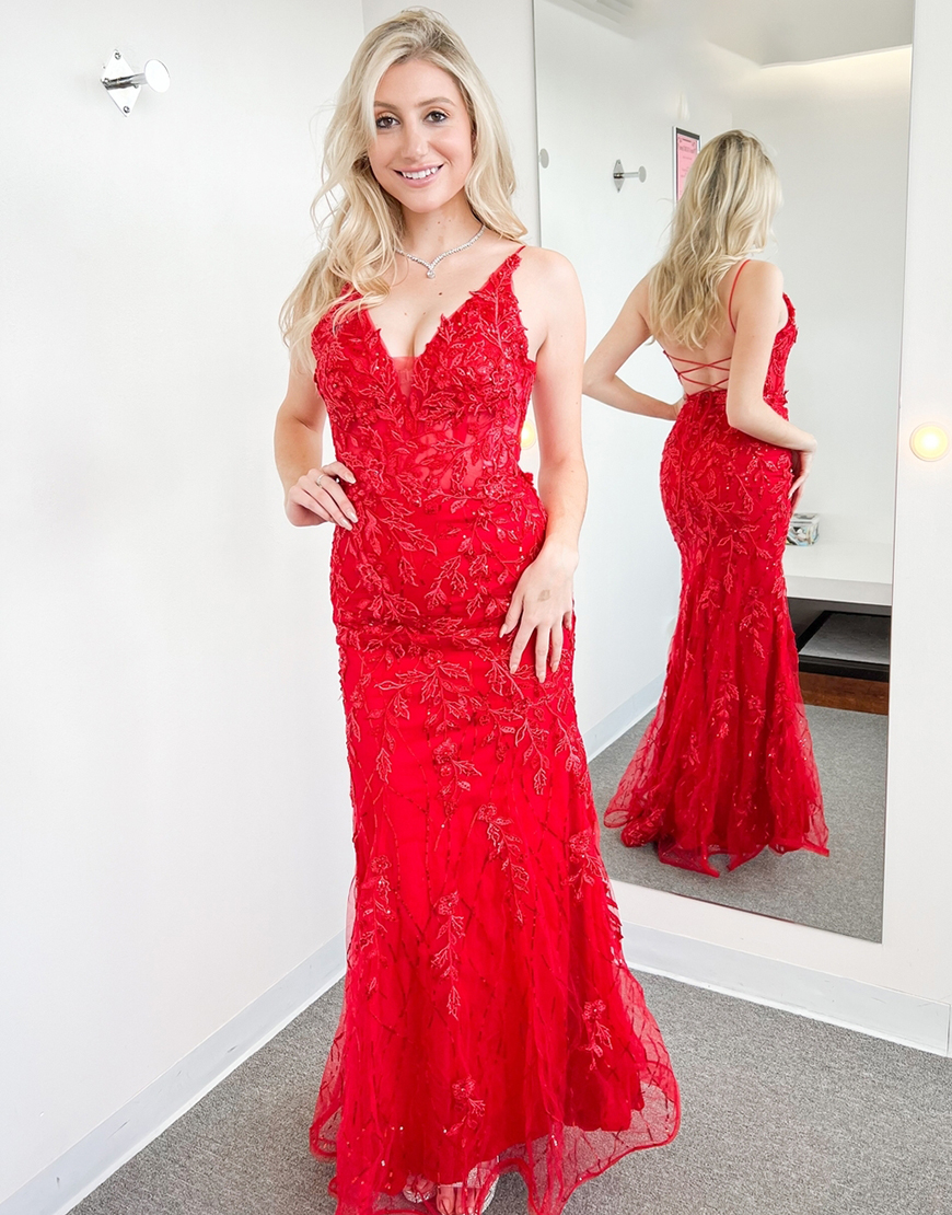 Red Mermaid Spaghetti Straps Appliques Long Prom Dress with Lace Up Back