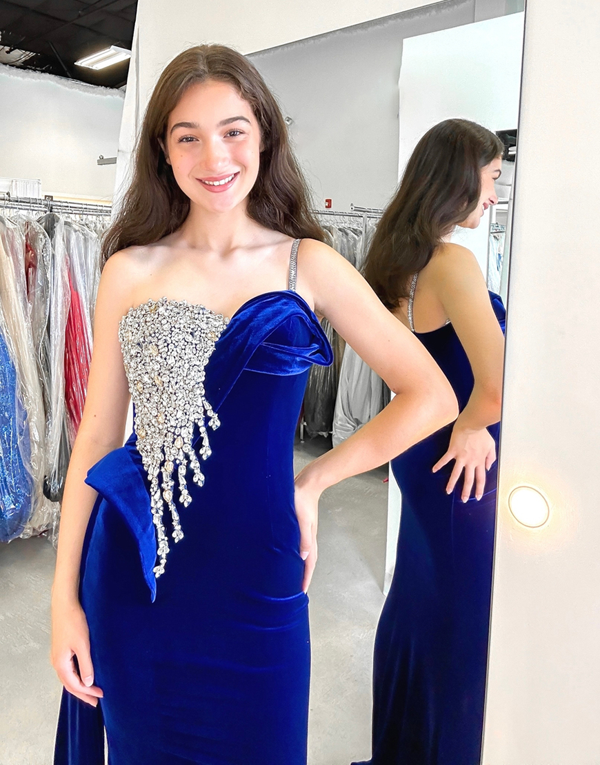 Royal Blue Mermaid One Spaghetti Straps Velvet Long Prom Dress with Rhinestones