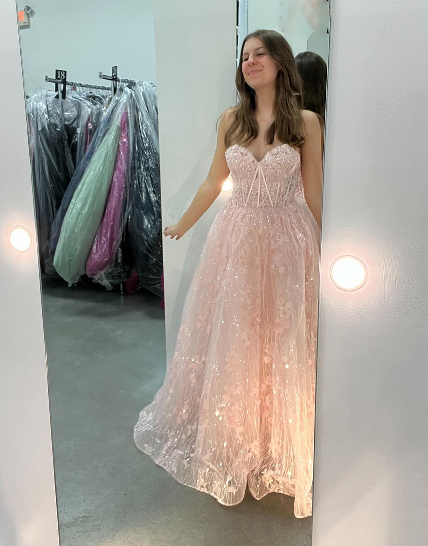 Sparkly Light Pink A-Line Strapless Tulle Long Prom Dress with Appliques Beading
