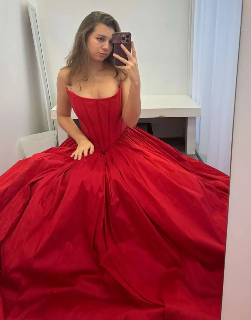 A-Line Red Strapless Corset Long Prom Dress with Lace Up Back