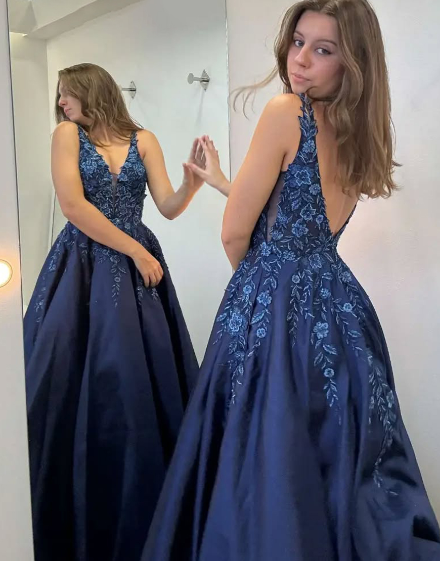 Navy A-Line V-Neck Open Back Long Prom Dress with Appliques
