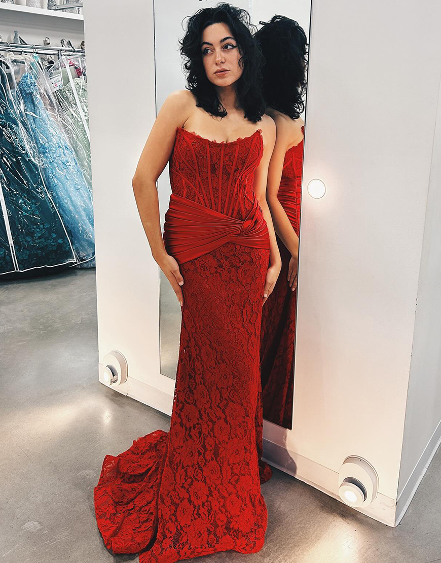 Mermaid Dark Red Strapless Corset Ruched Long Prom Dress with Appliques