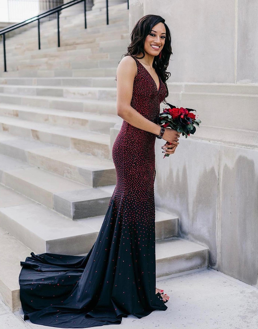 Sparkly Black Burgundy Mermaid Strips Beaded V-Neck Long Prom Dress with Slit