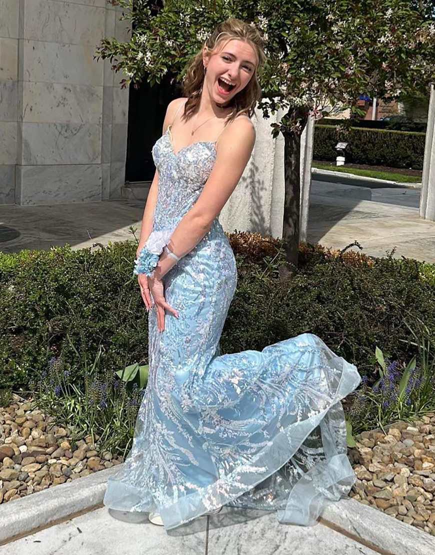 Sparkly Light Blue Bodycon Spaghetti Straps Sweetheart Sequined Long Prom Dress with Appliques