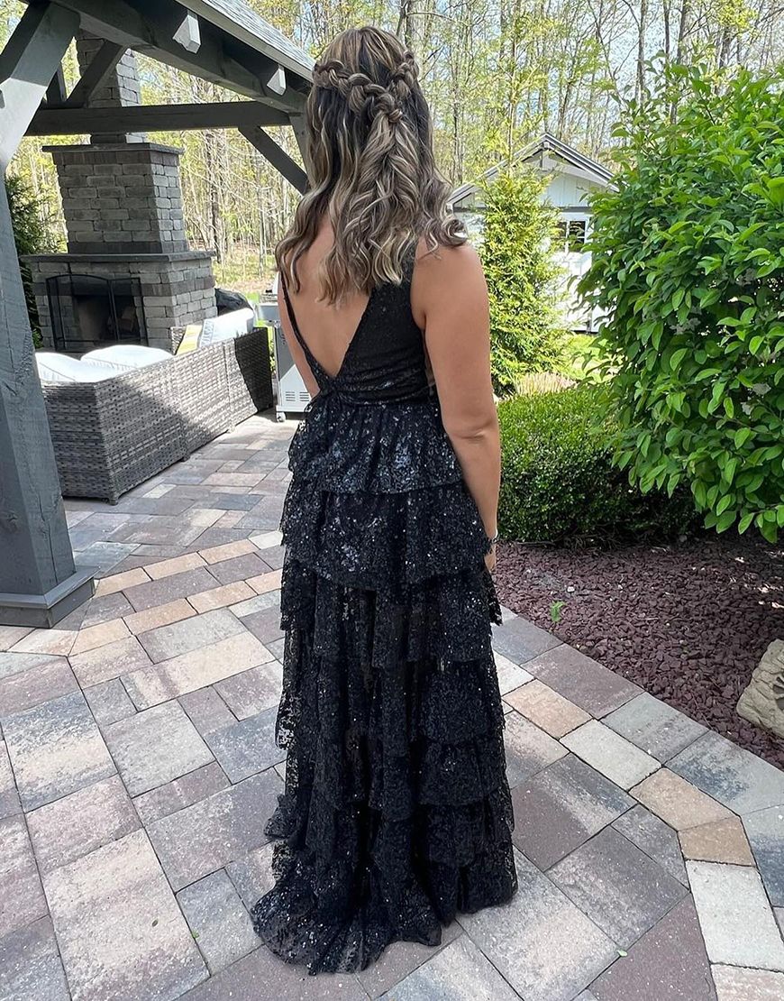 Sparkly Black Bodycon Straps V-Neck Ruffle Applique Long Prom Dress with Slit