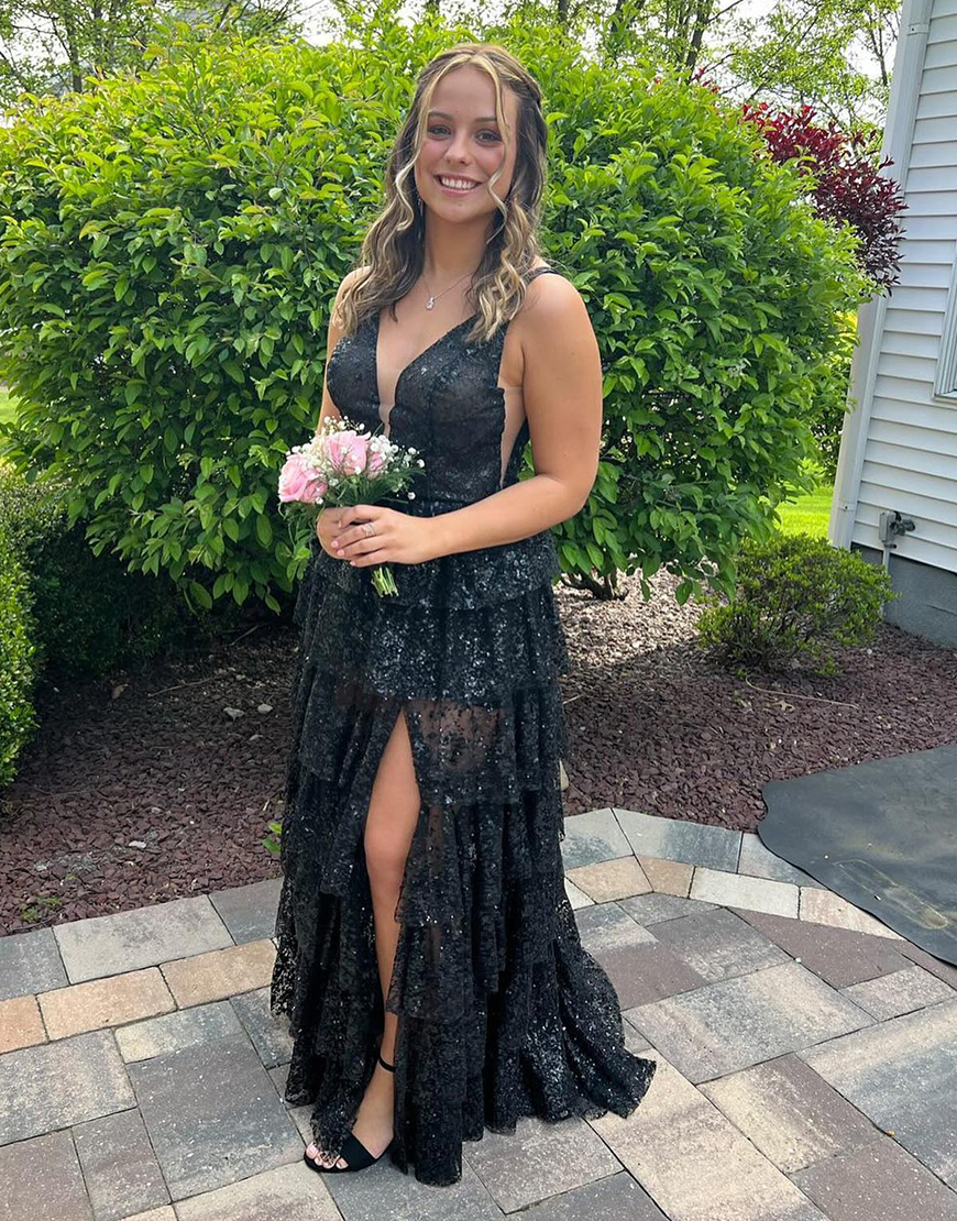 Sparkly Black Bodycon Straps V-Neck Ruffle Applique Long Prom Dress with Slit