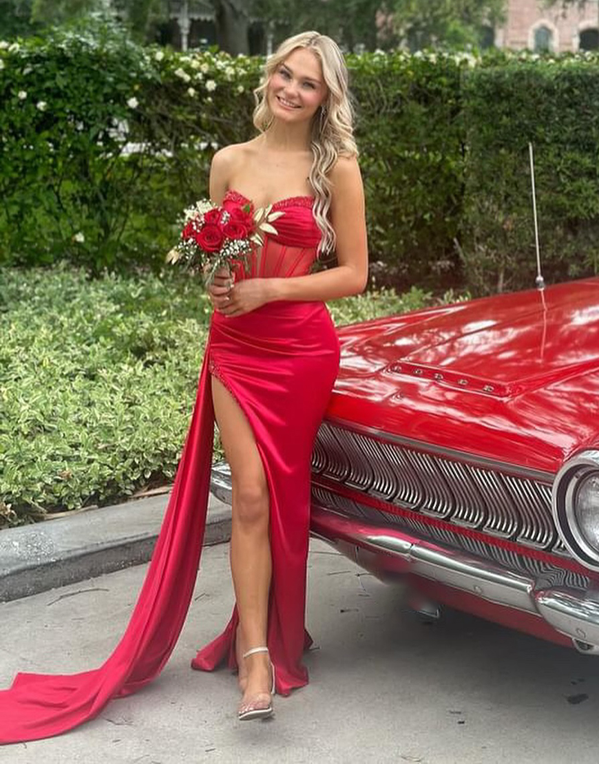 Berlinnova Women Sparkly Red Corset Satin Long Prom Dress Strapless Beaded Mermaid Pageant Dress with Slit
