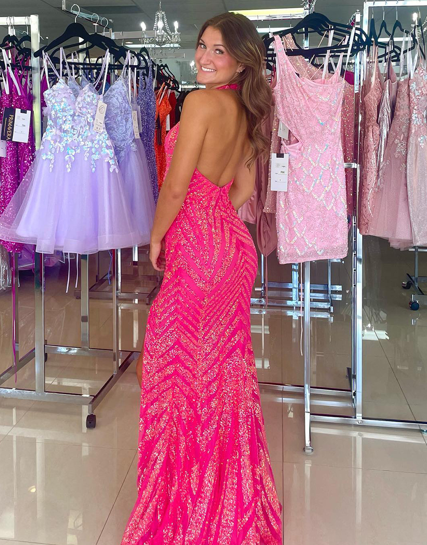 Sparkly Fuchsia Halter Deep-V Sequined Appliques Long Prom Dress with Slit