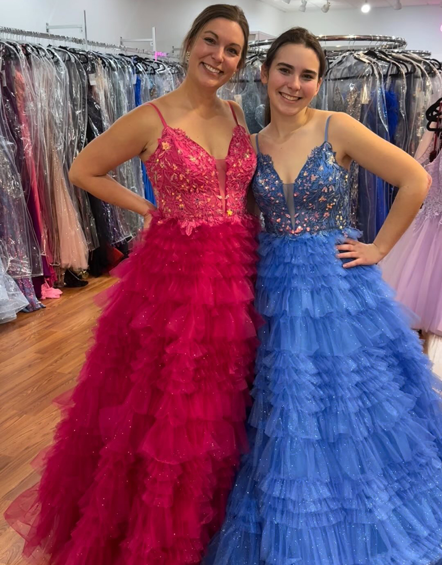 Sparkly Fuchsia A-Line Spaghetti Straps Sequined Appliques Long Prom Dress with Ruffle