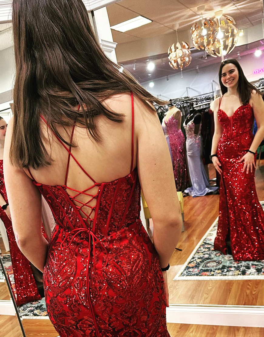 Sparkly Red Mermaid Spaghetti Straps Sequined Long Prom Dress with Appliques 