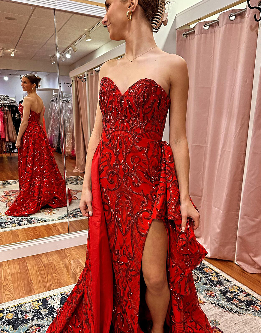 Sparkly Red A-Line Off The Shoulder Sweetheart Sequined Long Prom Dress with Appliques 