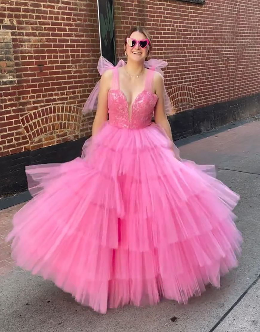 Elegant Pink A-Line Lace-Up Straps Sweetheart Tulle Long Prom Dress with Bow