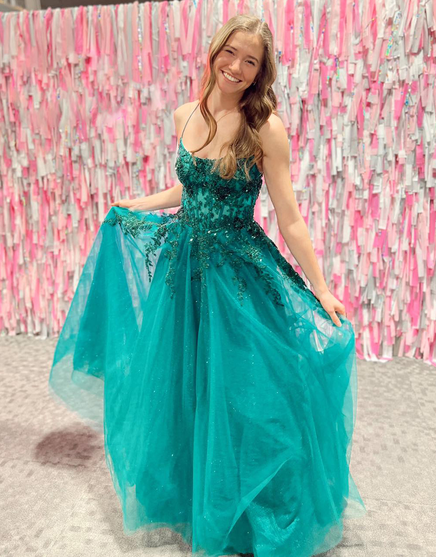 Sparkly Emerald Green Spaghetti Straps Sequins Tulle Long Prom Dress with Appliques