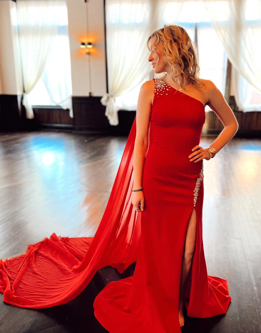 Mermaid Red One Shoulder Beading Split Long Prom Dress with Streamer