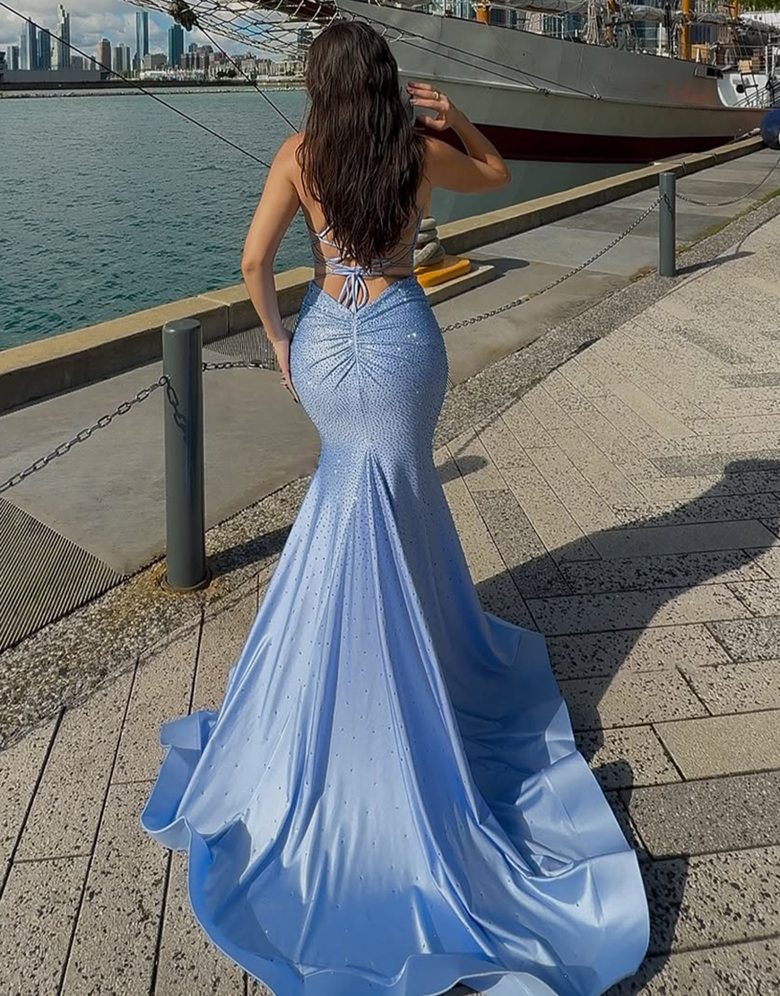 Sparkly Red Mermaid Spaghetti Straps Long Prom Dress with Beading