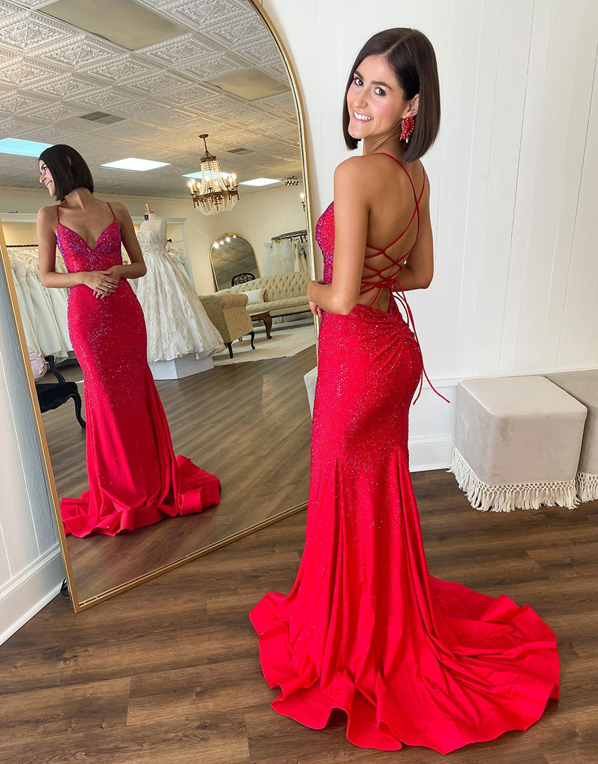 Sparkly Red Mermaid Spaghetti Straps Long Prom Dress with Beading