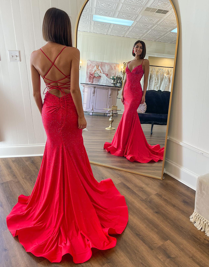 Sparkly Red Mermaid Spaghetti Straps Long Prom Dress with Beading