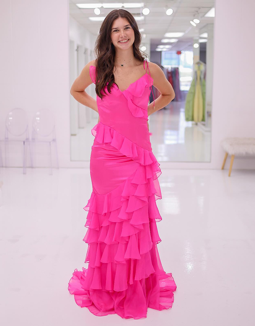 Fuchsia A-Line Spaghetti Straps Long Prom Dress with Tiered Ruffles 
